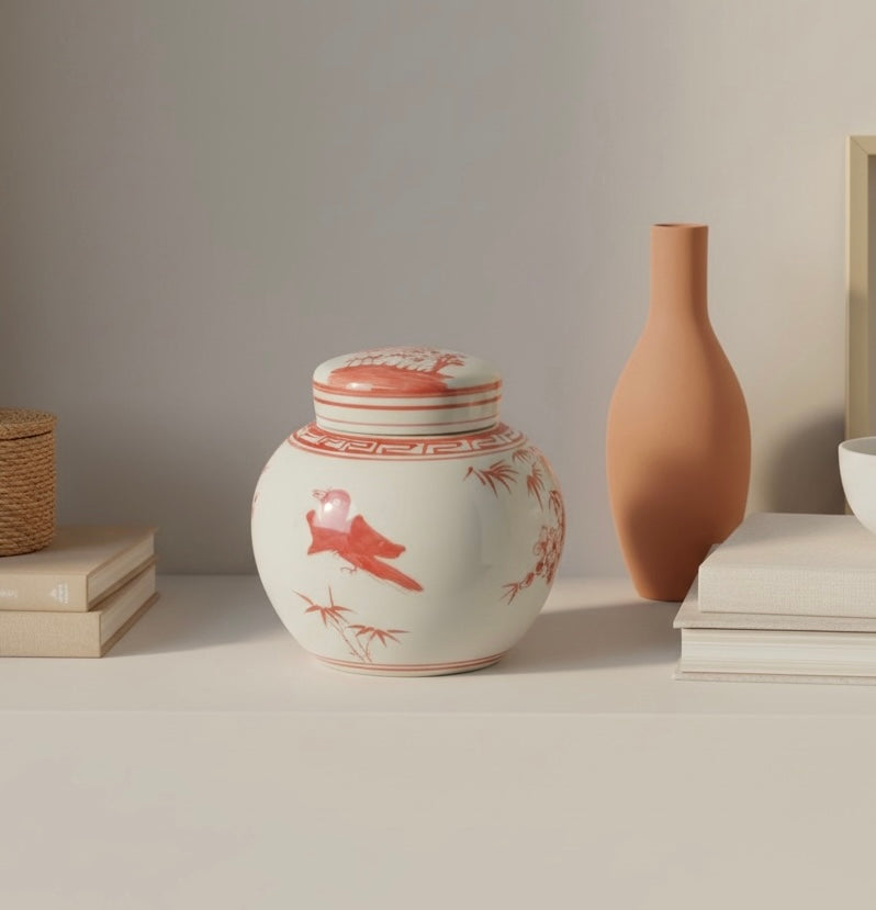 Coral Red Porcelain Mini Jar Pine Tree