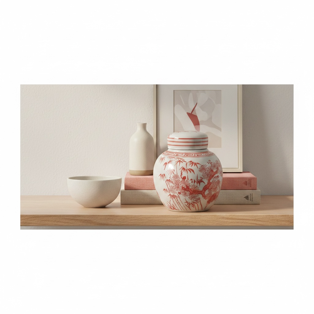 Coral Red Porcelain Mini Jar Pine Tree