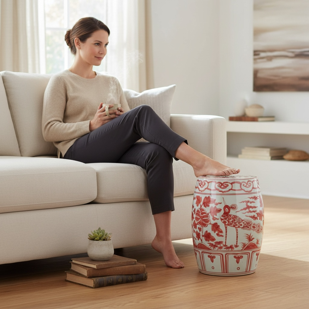 Coral Red Bird Village Garden Stool