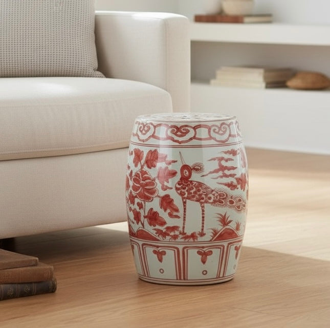 Coral Red Bird Village Garden Stool