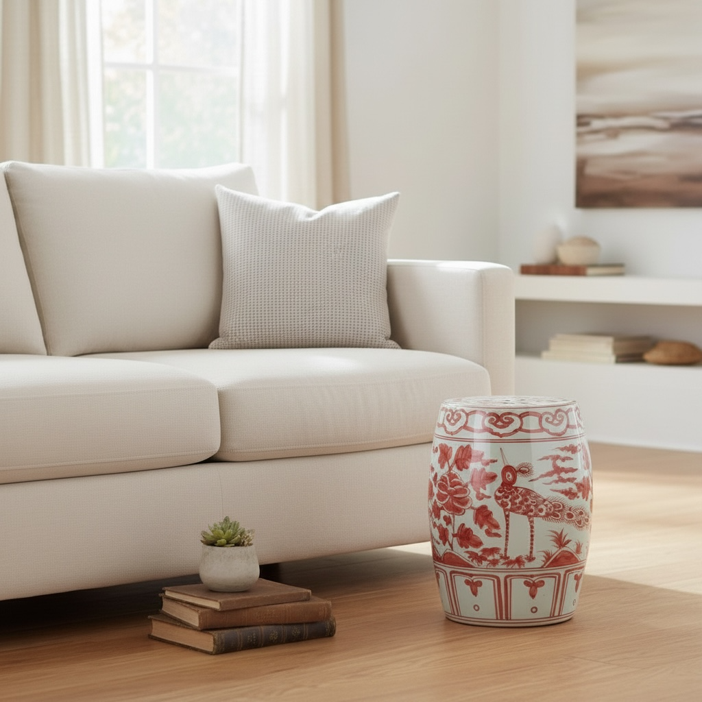 Coral Red Bird Village Garden Stool