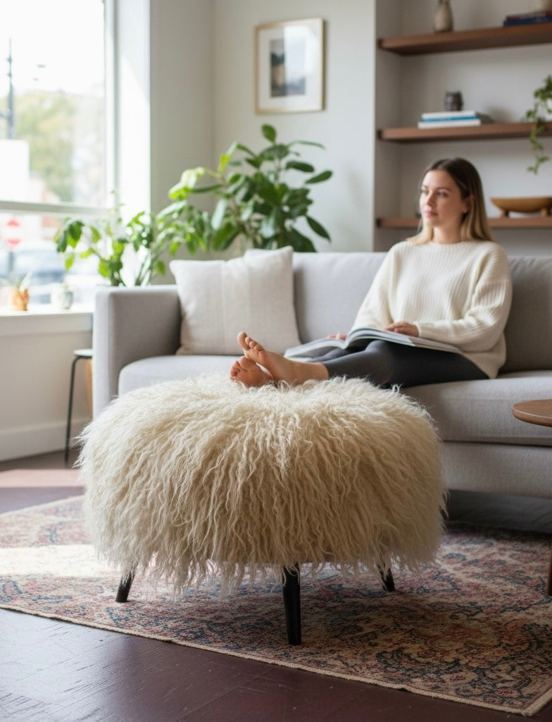 Curly Shearling Angora Ottoman