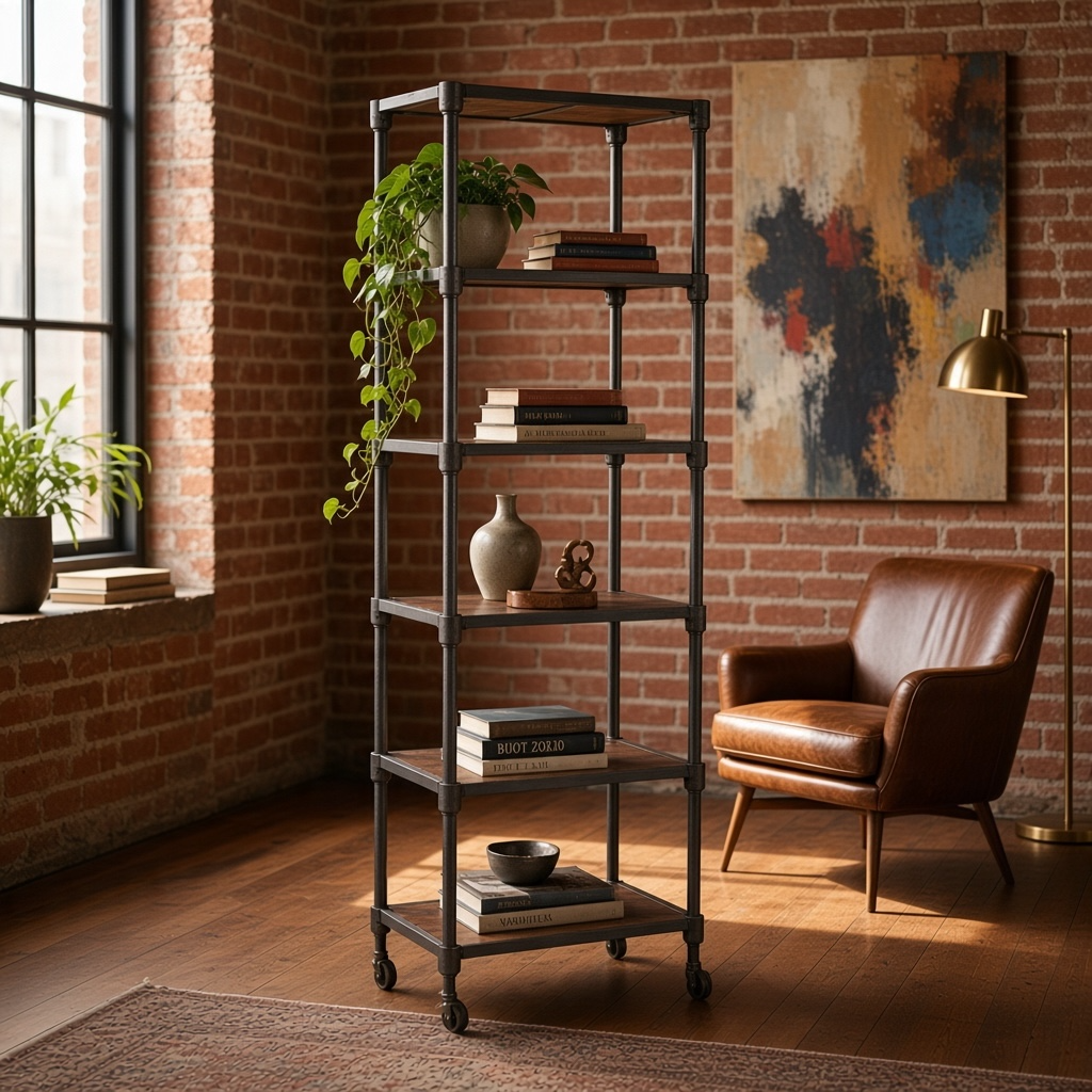 Industrial Teak 80" Wheeled Bookshelf in Natural Reclaimed Wood