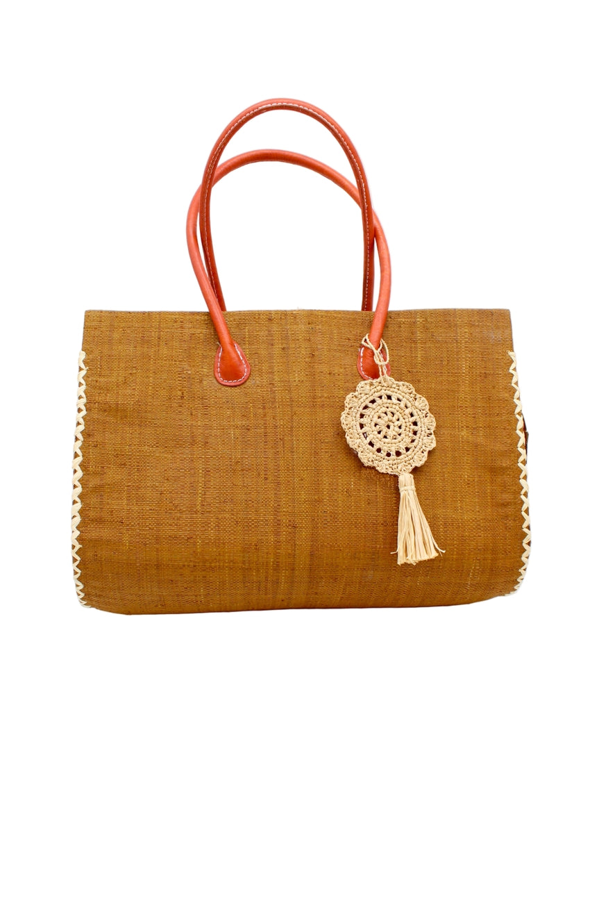 Monte Carlo Big Straw Beach Bag with Dreamcatcher Tassel - Medium in Tobacco