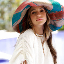 Load image into Gallery viewer, Packable Peach and Turquoise Sun Hat with 7&quot; Brim Raffia Straw
