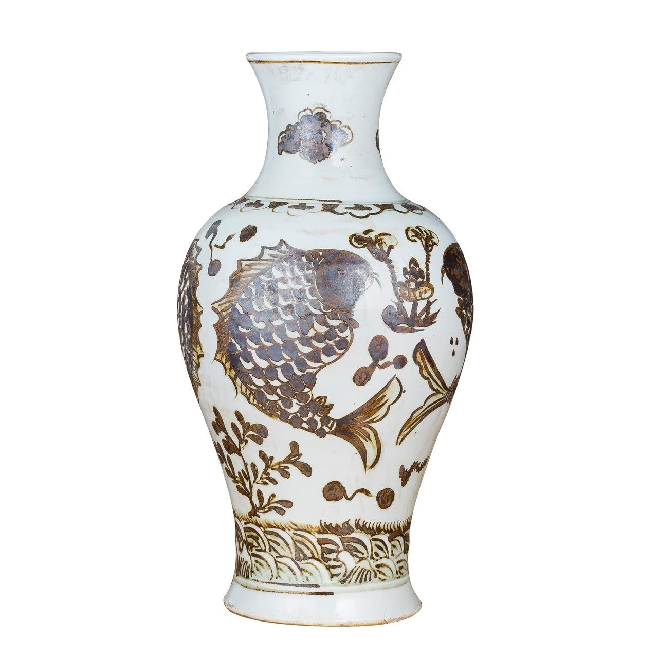 Rusty Brown Vase Fish Lotus Motif