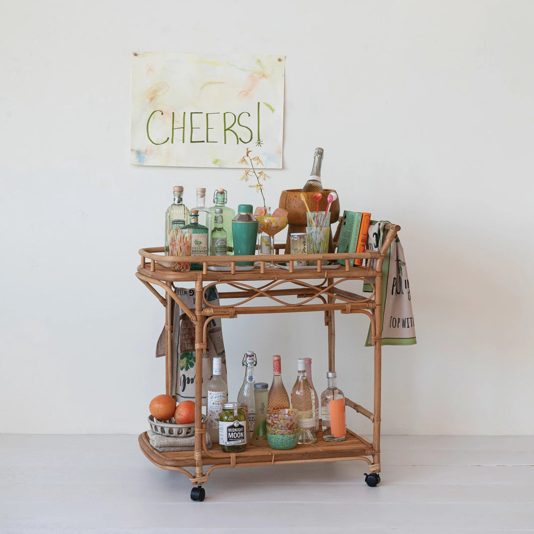 Hand-Woven Rattan 2-Tier Bar Cart on Casters