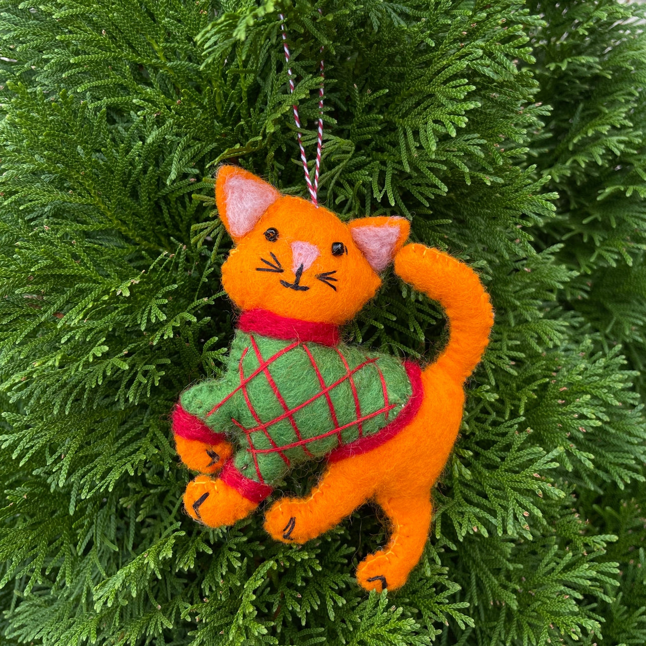 Orange Cat in Sweater Felt Wool Christmas Ornament