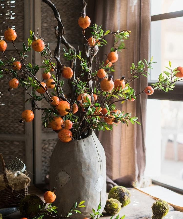 Artificial Fruit Yellow Orange Pomegranate Fruit Stem 36"