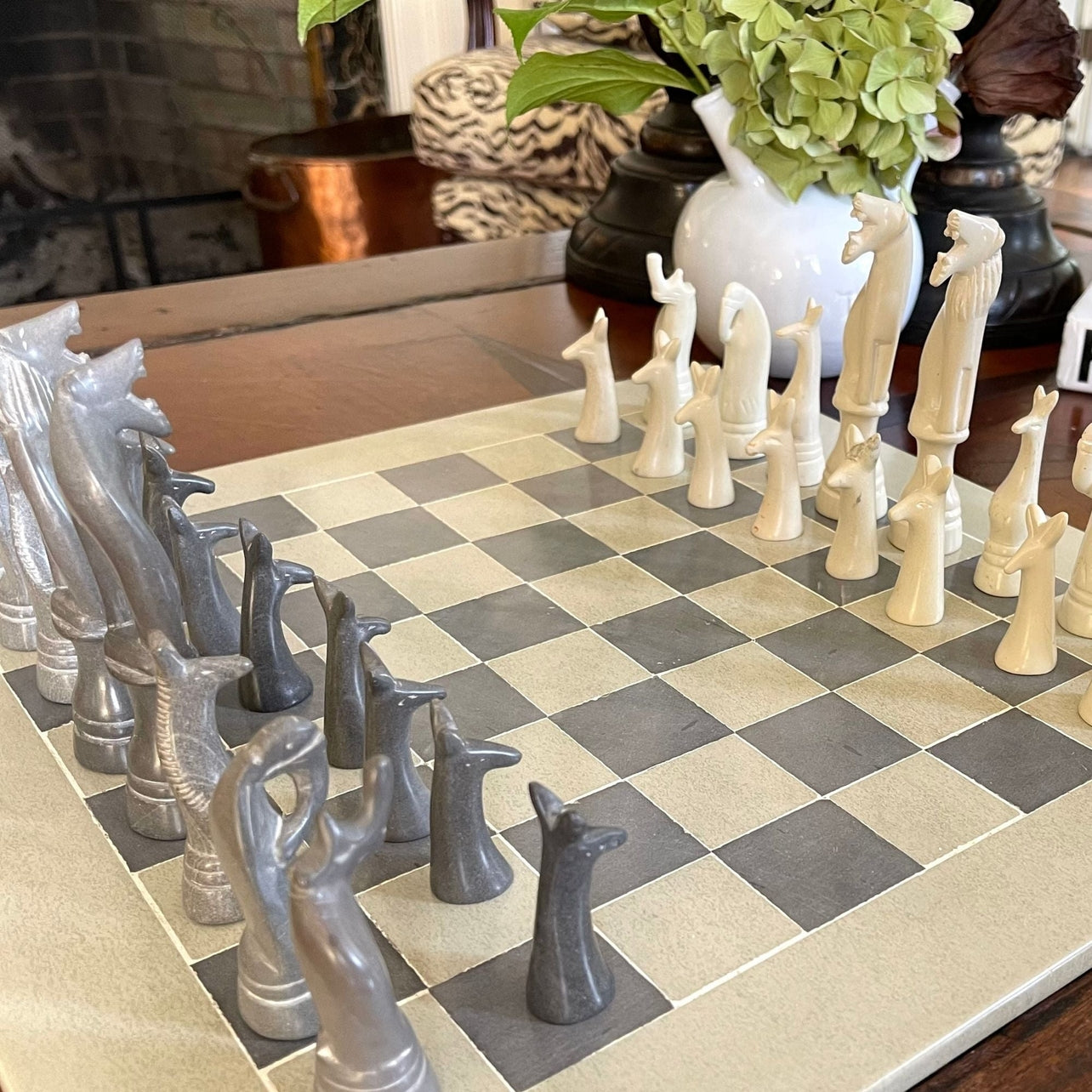 Hand-Carved Soapstone Chess Set in Box - Safari Animal - Grey