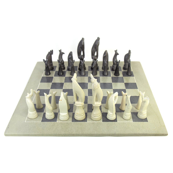 Hand-Carved Soapstone Chess Set in Box - Safari Animal - Grey