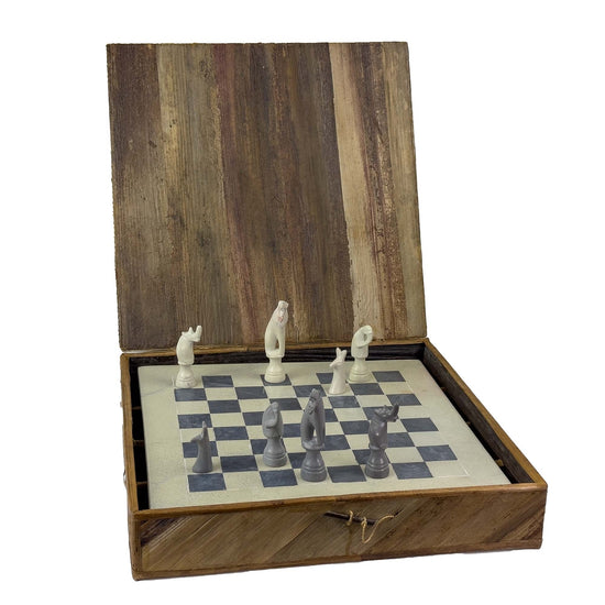 Hand-Carved Soapstone Chess Set in Box - Safari Animal - Grey