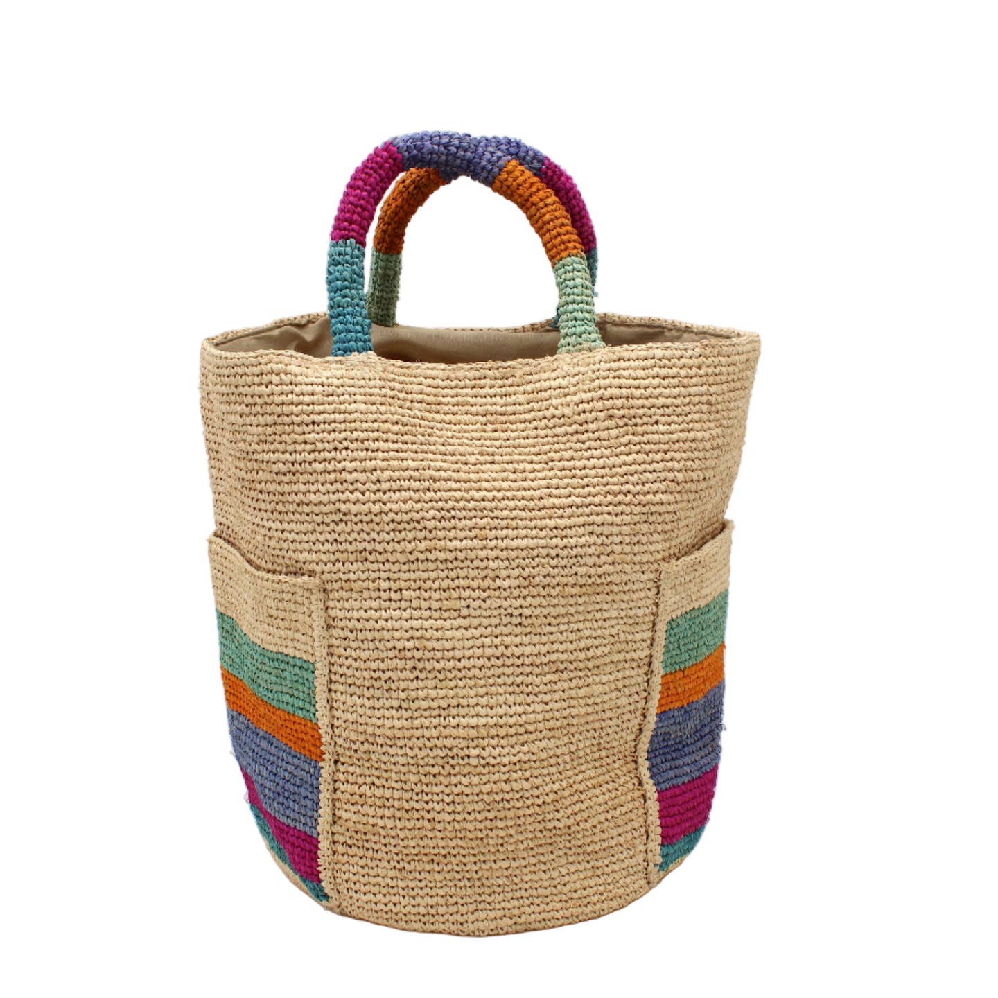 Milos Stripes Crochet Straw Basket Handbag with Pockets