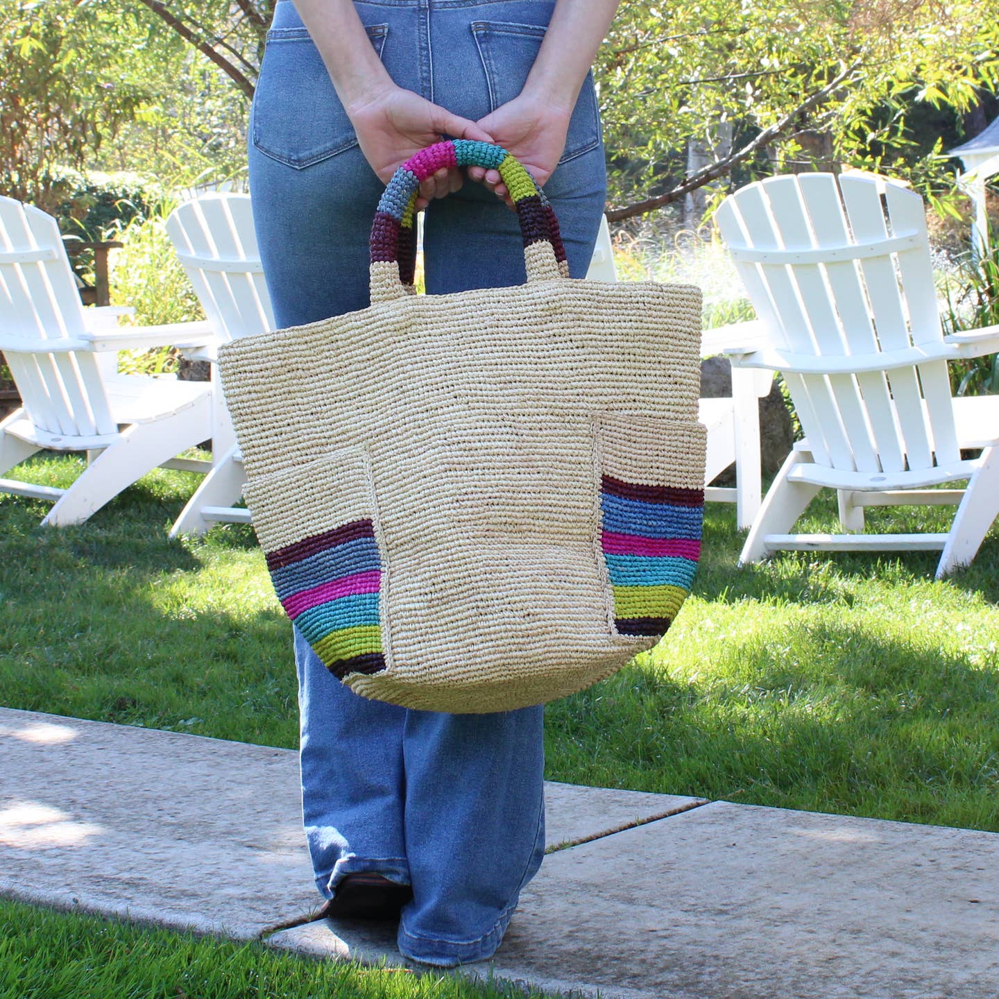 Milos Stripes Crochet Straw Basket Handbag with Pockets