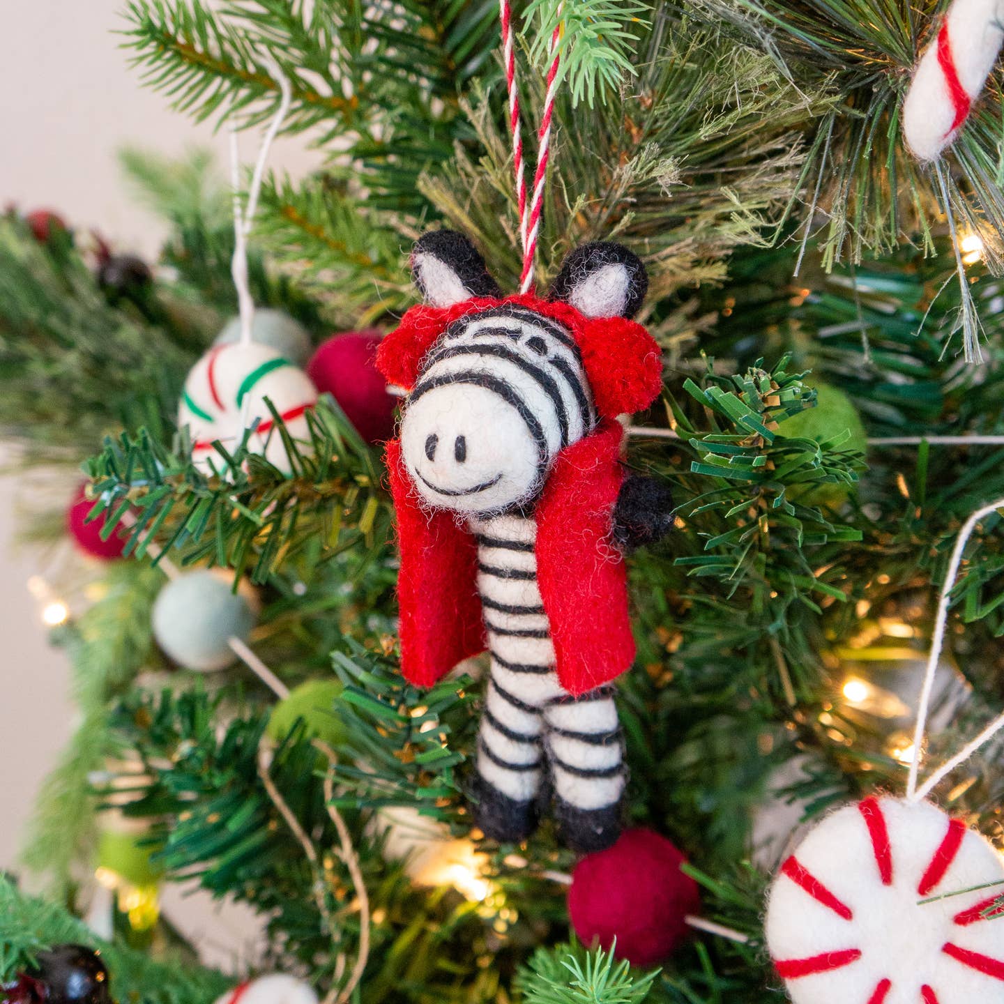Felt Wool Holiday Zebra Ornament - Red Earmuffs Zebra
