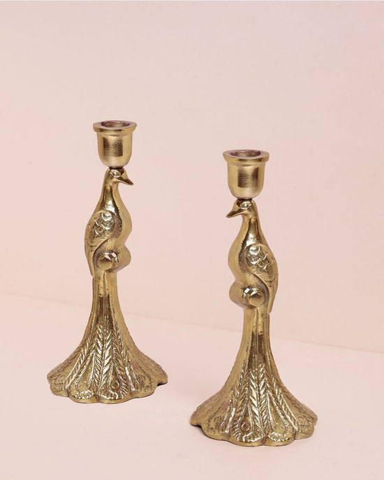Peacock Metal Candle Holders - Set of 2