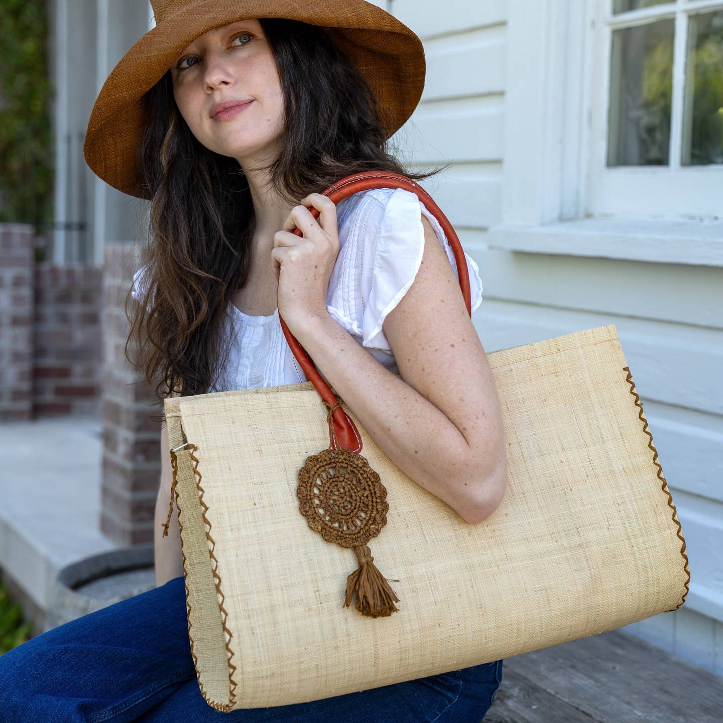 Monte Carlo Big Straw Beach Bag with Dreamcatcher Tassel - Small in Natural