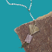 Load image into Gallery viewer, Amina Rose Quartz Pendant with Brass Balance &amp; Seashell Y Cord
