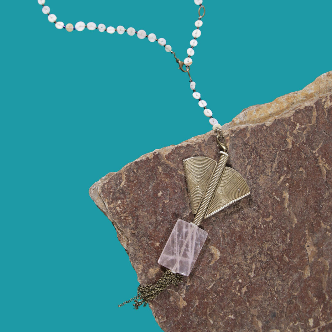 Amina Rose Quartz Pendant with Brass Balance & Seashell Y Cord