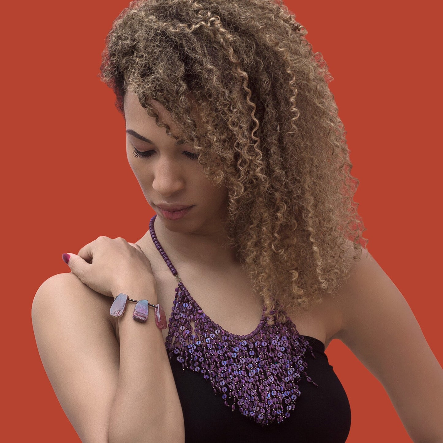 Purple Fringe Necklace with Detachable Fire Agate Bracelet