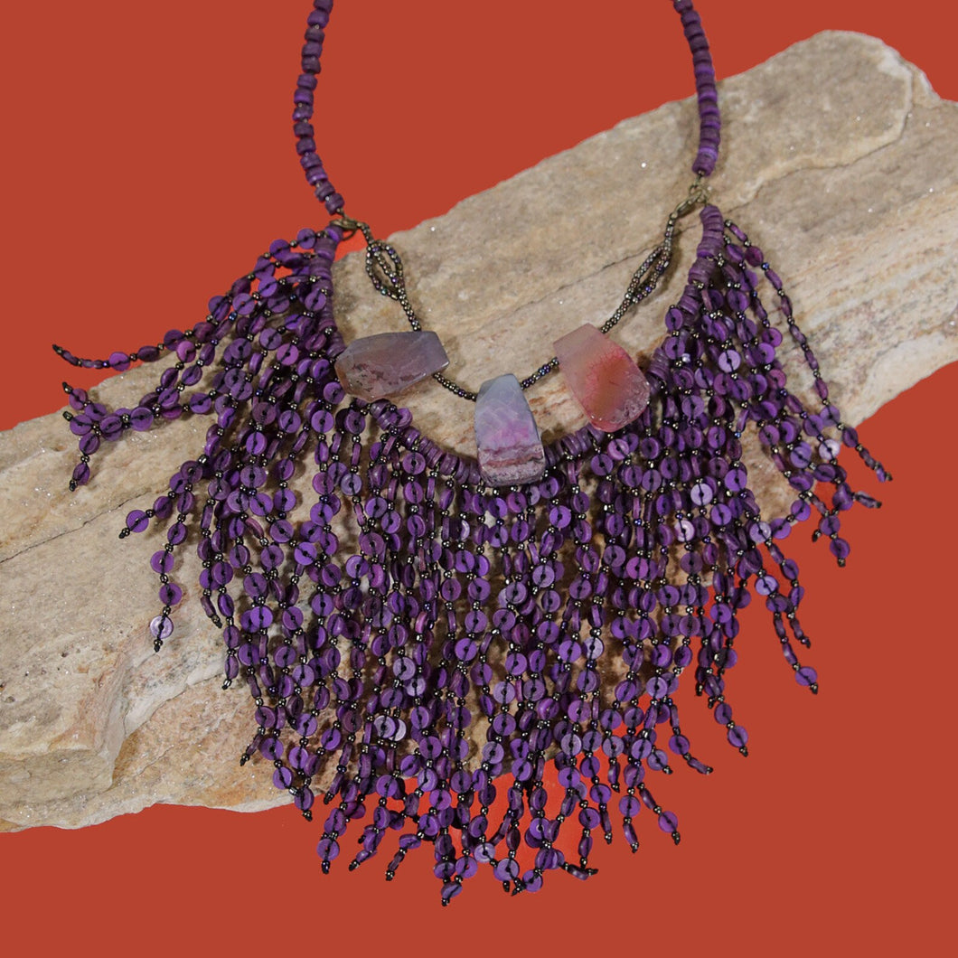 Purple Fringe Necklace with Detachable Fire Agate Bracelet