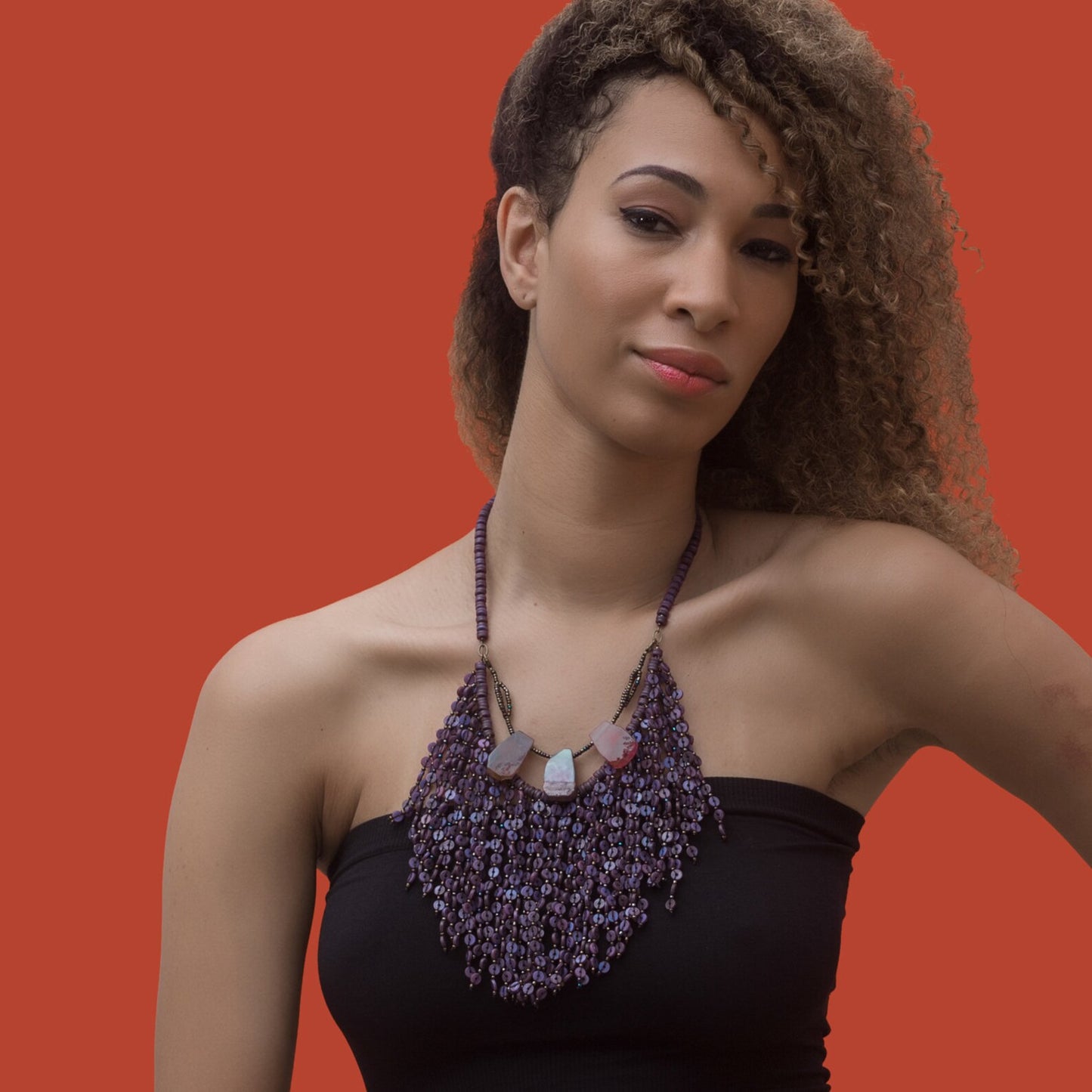 Purple Fringe Necklace with Detachable Fire Agate Bracelet