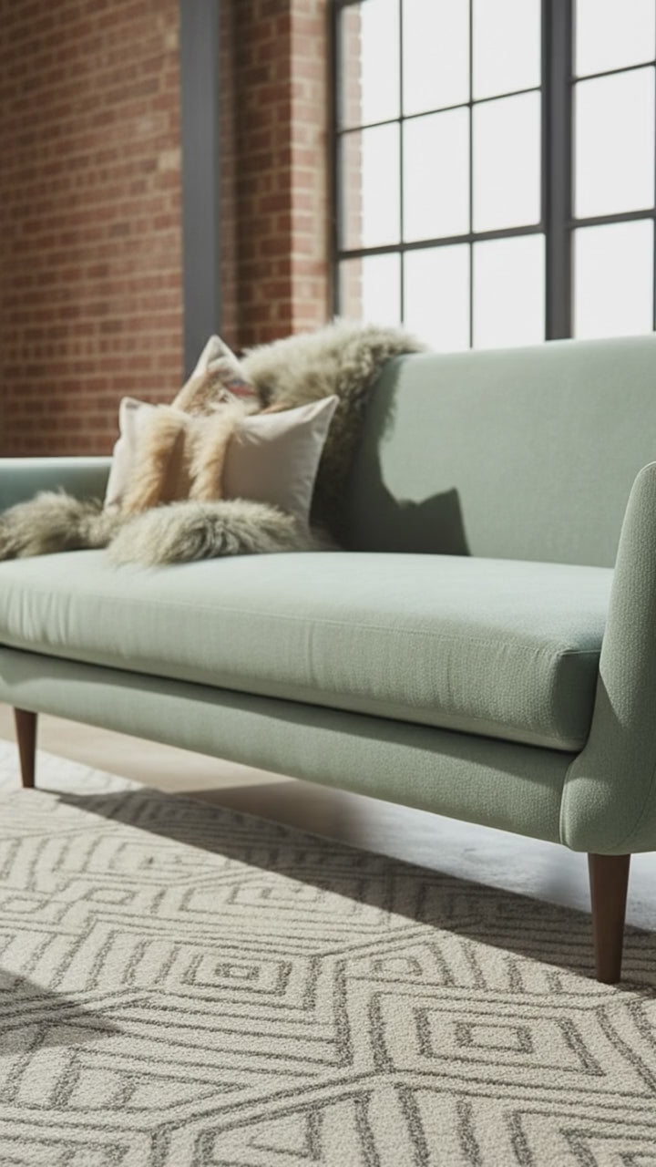 Load and play video in Gallery viewer, Jessica Sofa – Silver Sage Velvet / Dark Walnut
