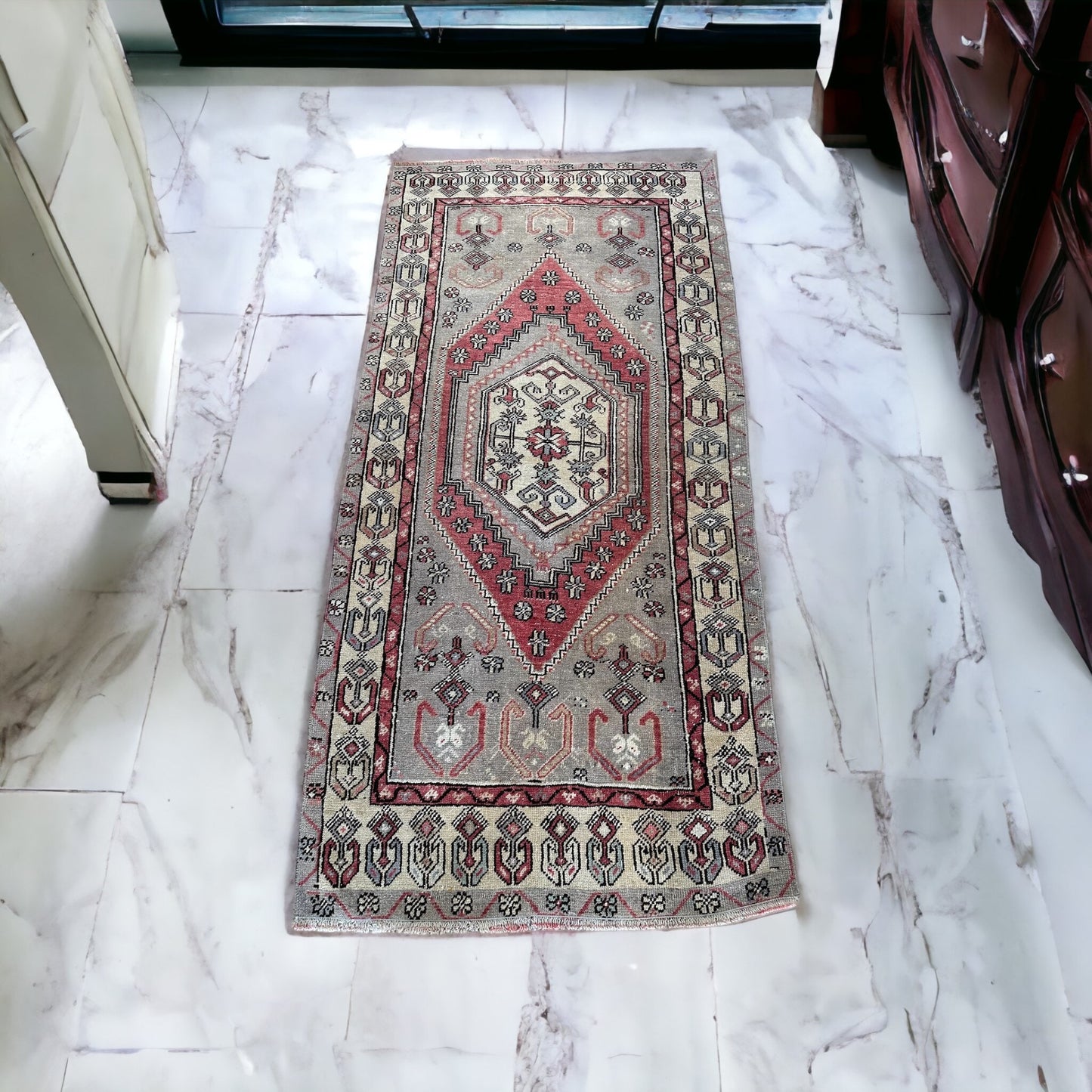 Flower Embellished Vintage Oushak Style Turkish Rug