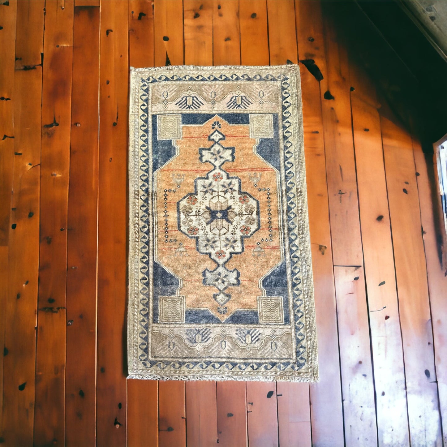 Orange Sherbet and Slate Vintage Turkish Rug