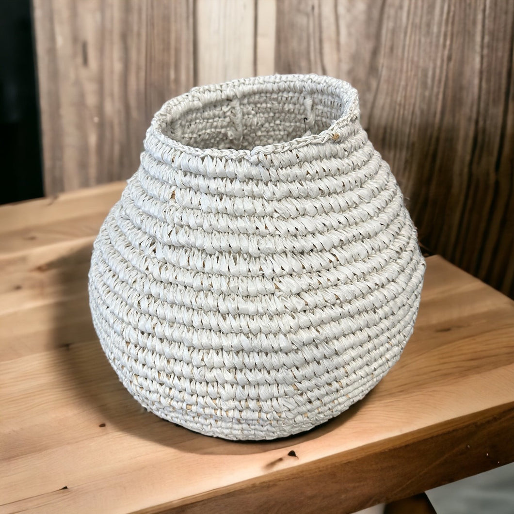 Hand Woven White Raffia Vase/Basket