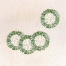 Load image into Gallery viewer, Sage Raffia Round Crochet Coasters with Fringe, set of 4
