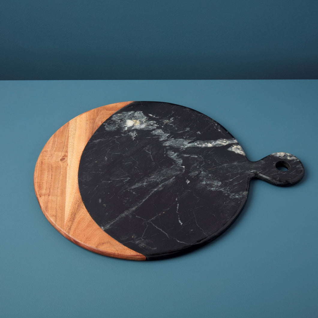 Marine Black Marble and Acacia Oversized Round Board with Handle