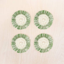 Load image into Gallery viewer, Sage Raffia Round Crochet Coasters with Fringe, set of 4
